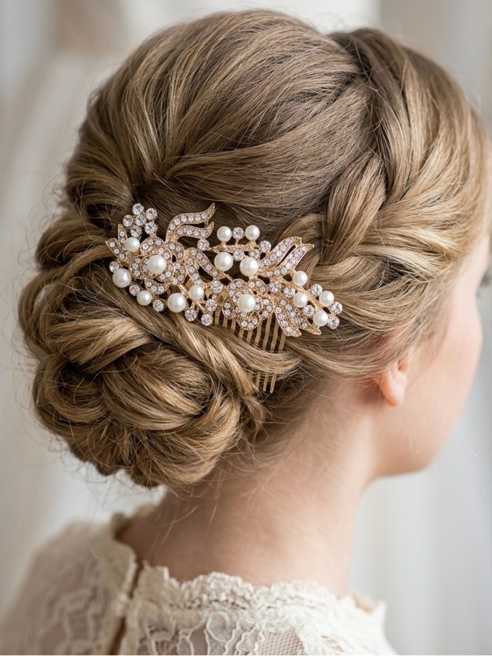Gold pearl bridal hair comb pearl diamond